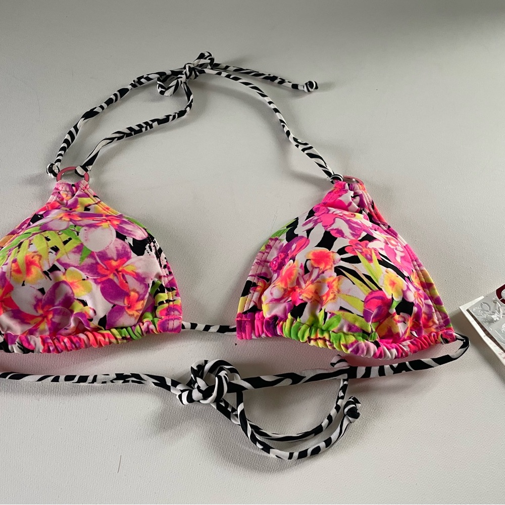 BONGO Zebra Floral Bikini Top Hawaiian Print Pink Yellow Tropical Beach